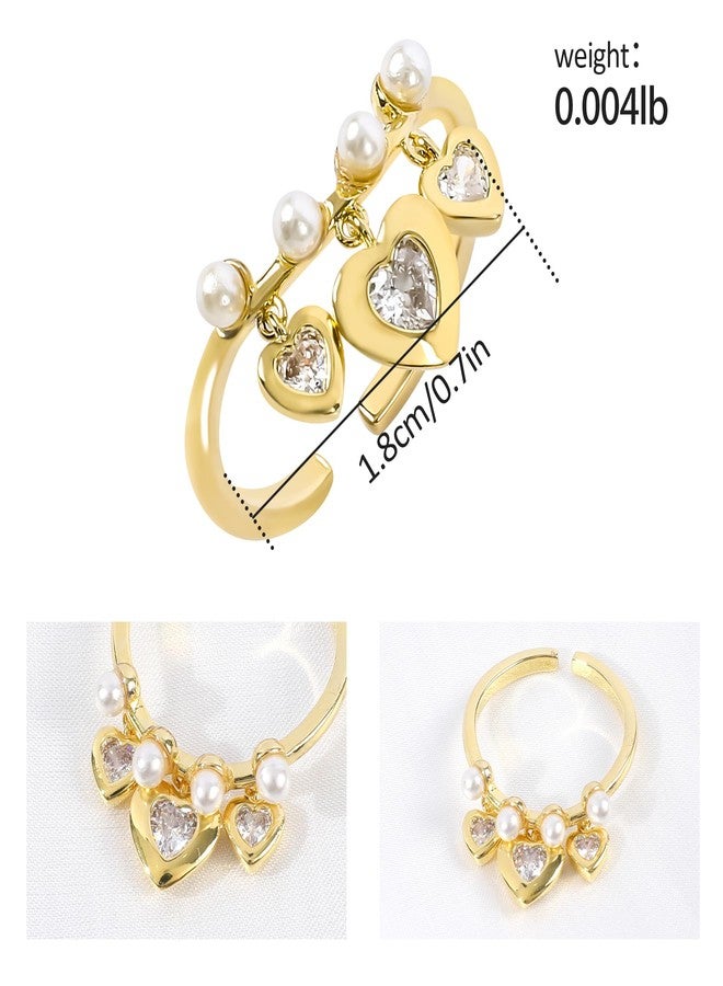MOONWALTZ Gold Pearl Heart Ring for Women - 14K Gold Plated Dangle Charm, Elegant Open Adjustable Cubic Zirconia Statement Ring With Pearl - Wedding Summer Party Trendy Jewelry Gift - Image 2